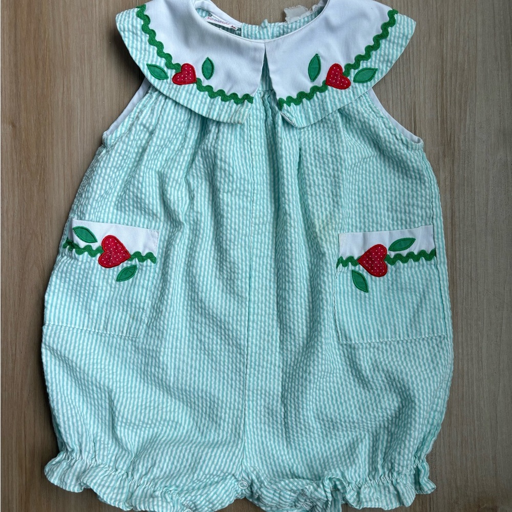 Vintage Green Striped Baby Romper with Strawberry Accents